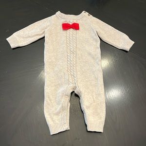 3M Tan cable knit red bow tie bodysuit sweater